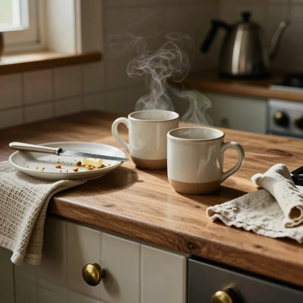 Two steaming mugs, shared breakfast plate and dish towel on a warm kitchen counter
