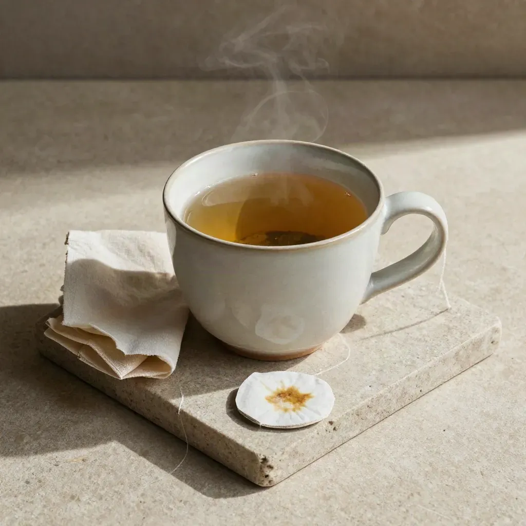 Top-down chamomile mug, tissue, linen cloth and dish on a stone tray.