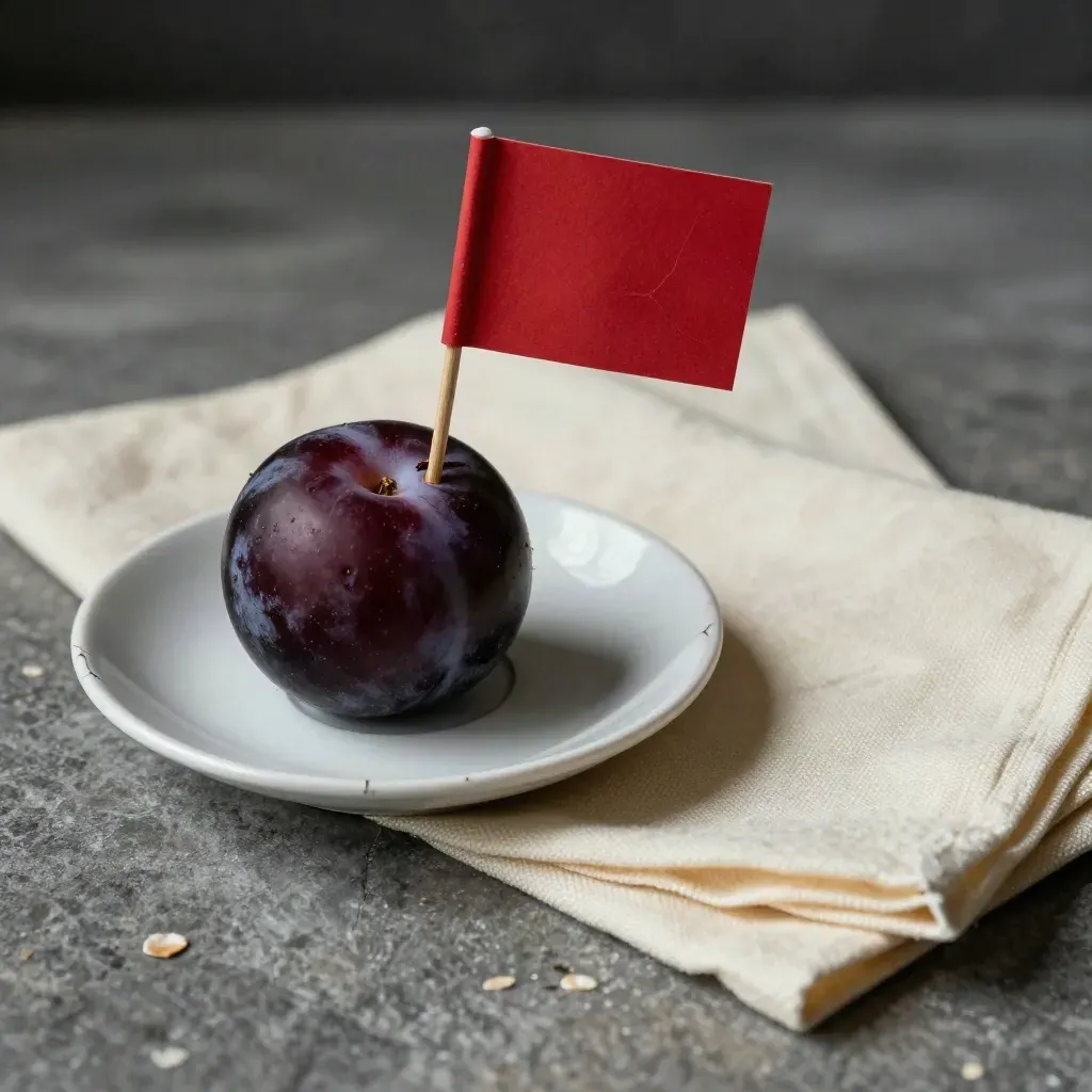 Rose-red paper flag beside a cracked saucer, plum and folded napkin on stone