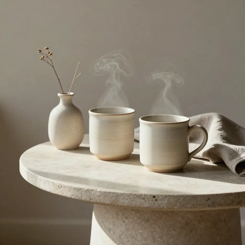 Two steaming stoneware mugs beside a bud vase and folded wool cloth on a pale side table.