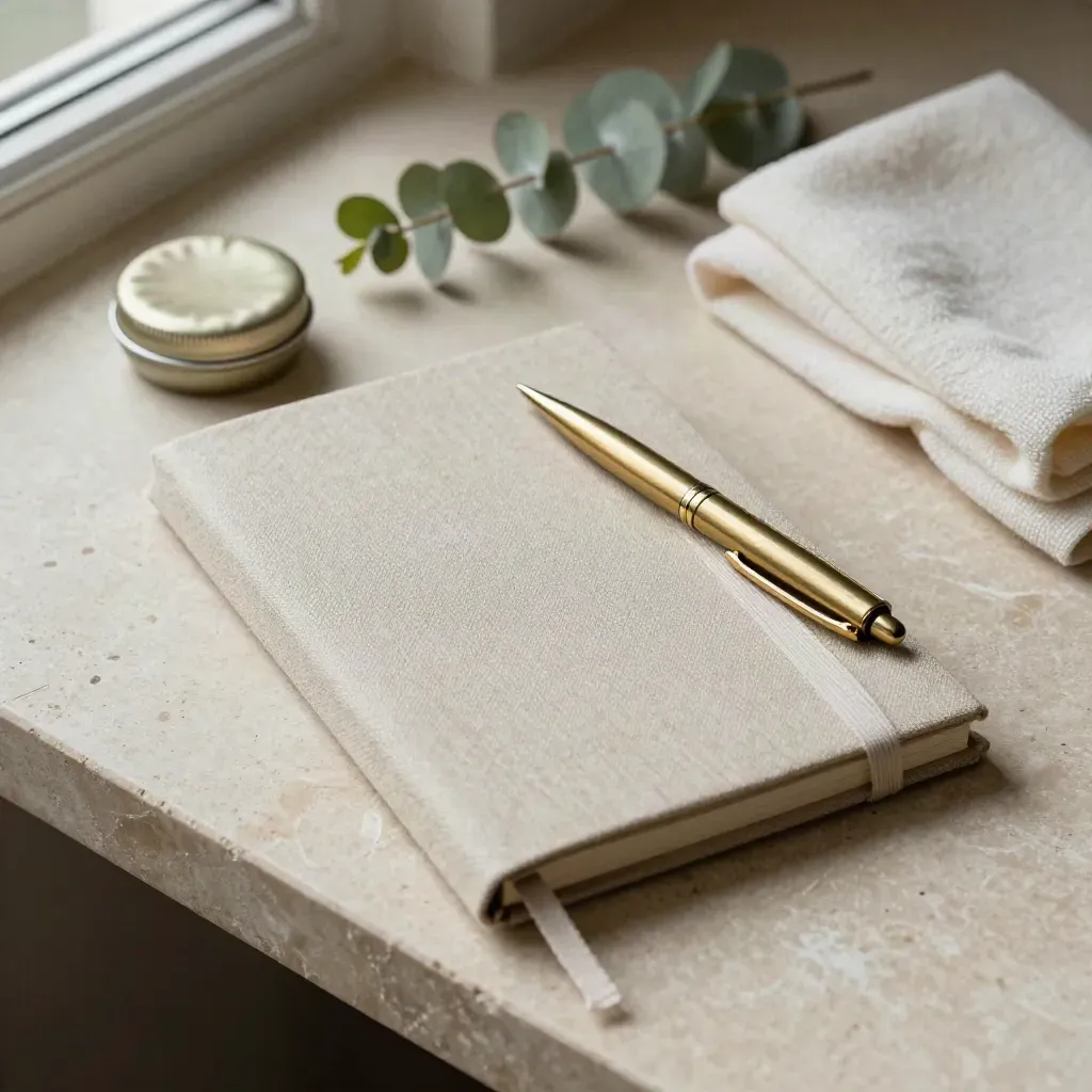 Top-down still life of a linen notebook, brass pen, balm tin, eucalyptus, and folded towel on pale stone.