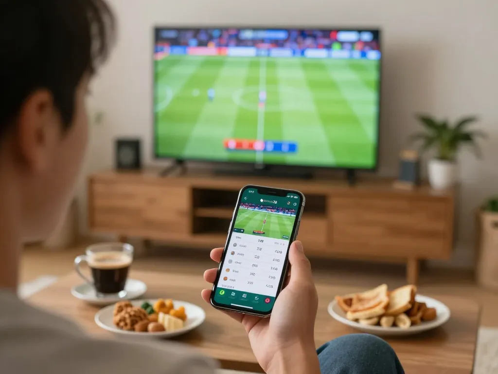 KQBD sports betting experience with person using smartphone in a vibrant home atmosphere.