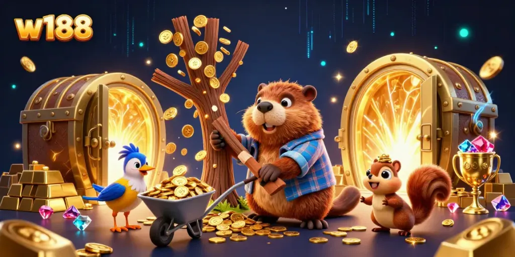 Experience the excitement at w188 with a whimsical beaver and friends collecting golden coins in a rich casino scene.