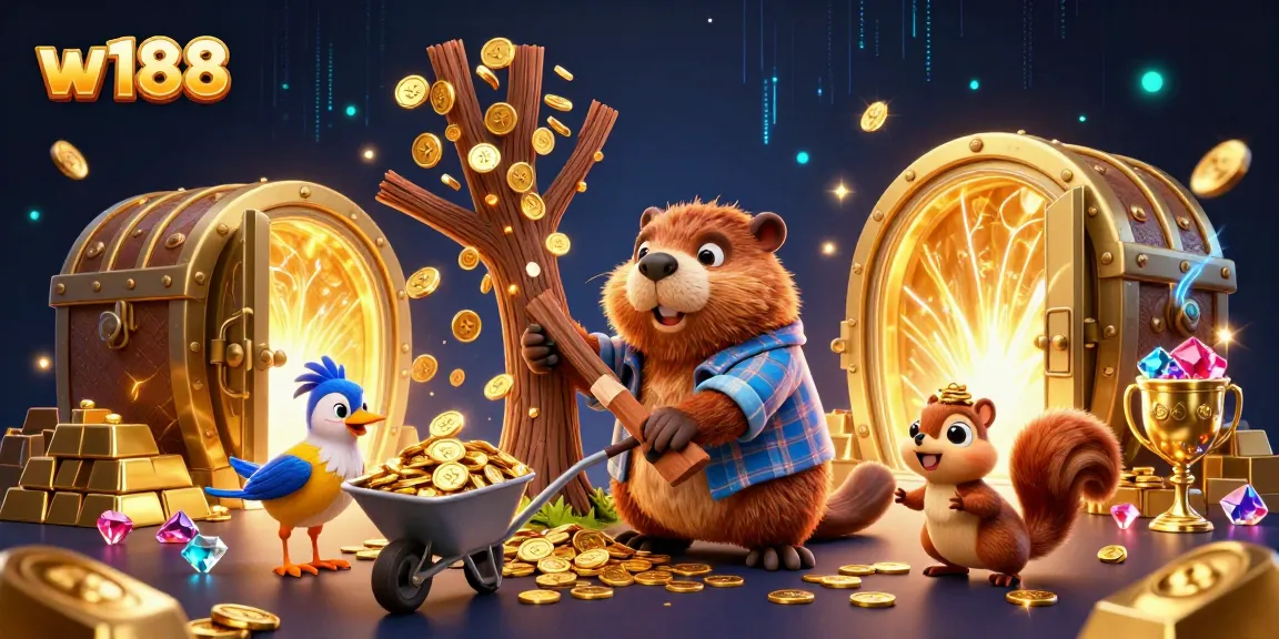 Experience the excitement at w188 with a whimsical beaver and friends collecting golden coins in a rich casino scene.