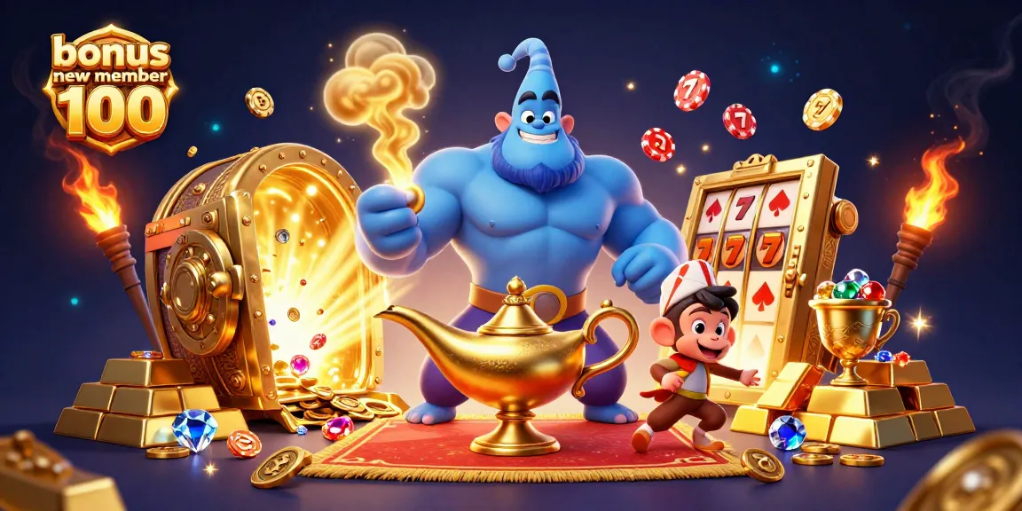 Mengklaim bonus anggota baru 100 dengan meriah, ditampilkan dengan genie biru dan karpet ajaib di sekeliling harta berkilau.