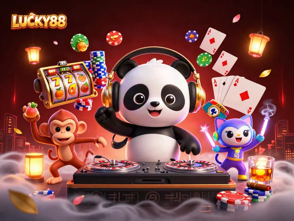 Experience excitement with LUCKY88, featuring a DJ panda, breakdancing monkey, and thrilling slot elements.