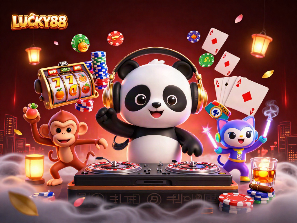 Experience excitement with LUCKY88, featuring a DJ panda, breakdancing monkey, and thrilling slot elements.