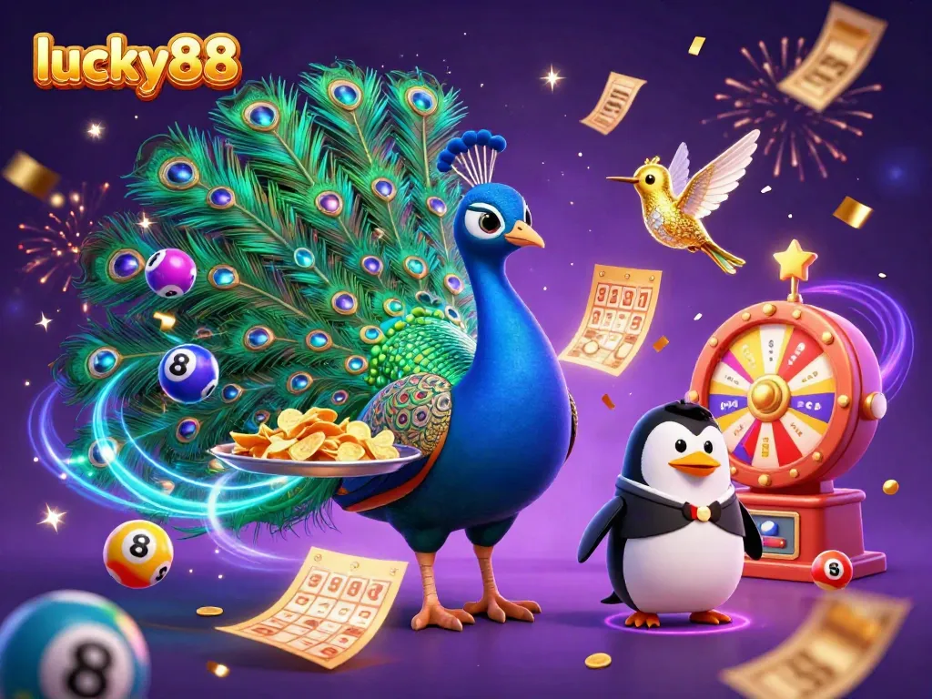 Experience the excitement at lucky88 with a vibrant scene filled with golden prizes and fun lottery elements.