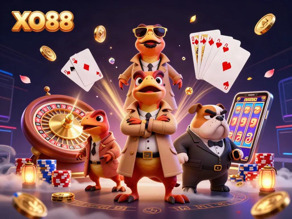 Win big at XO88 with a dynamic casino scene featuring raptors and vibrant gambling elements.