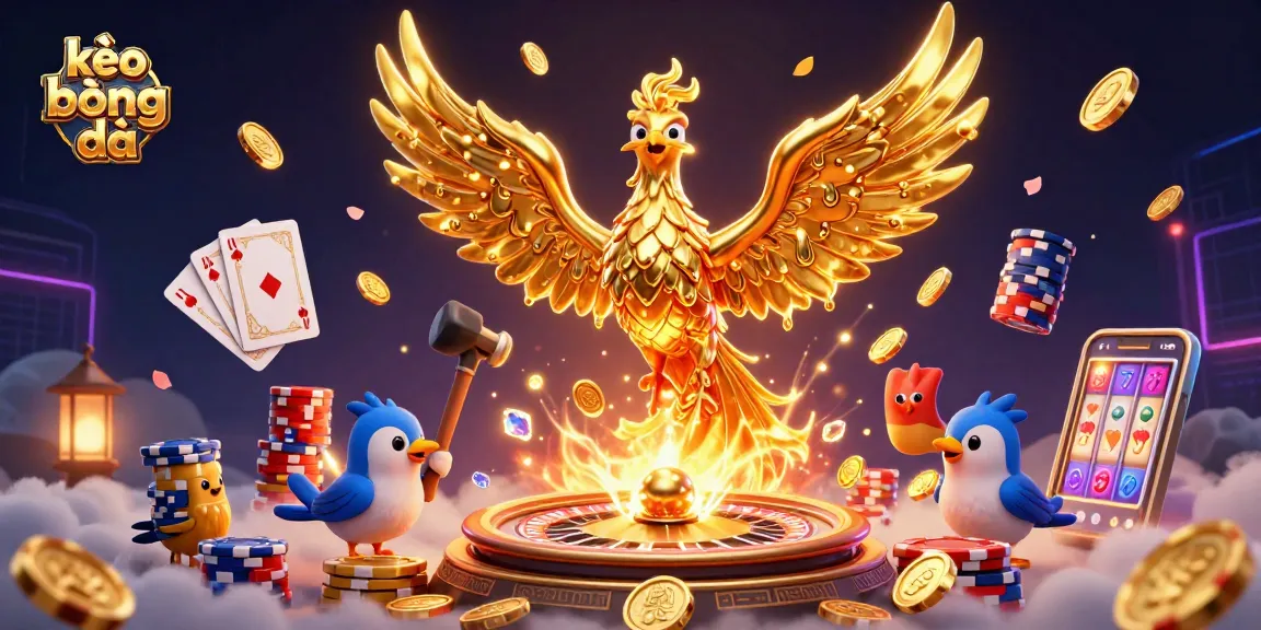 Engage in thrilling kèo bóng đá with golden coins, a phoenix, and vibrant casino elements.