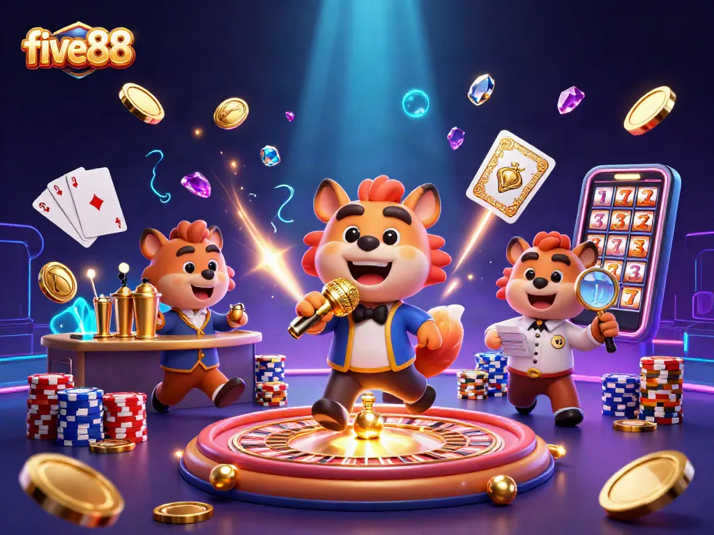 Experience five88’s exciting casino atmosphere with animated hyenas, golden coins, and a lively scene.
