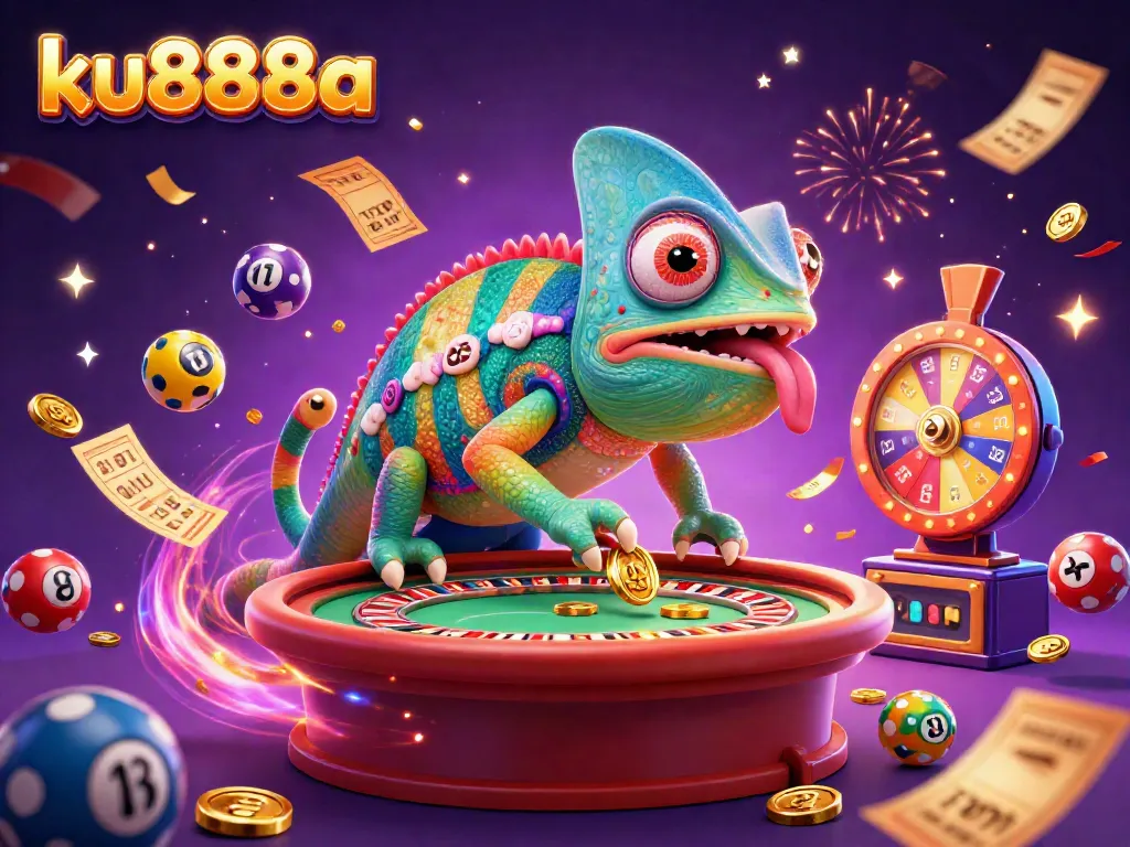 Engage in thrilling gambling action at ku888a with colorful lottery balls and charming characters.