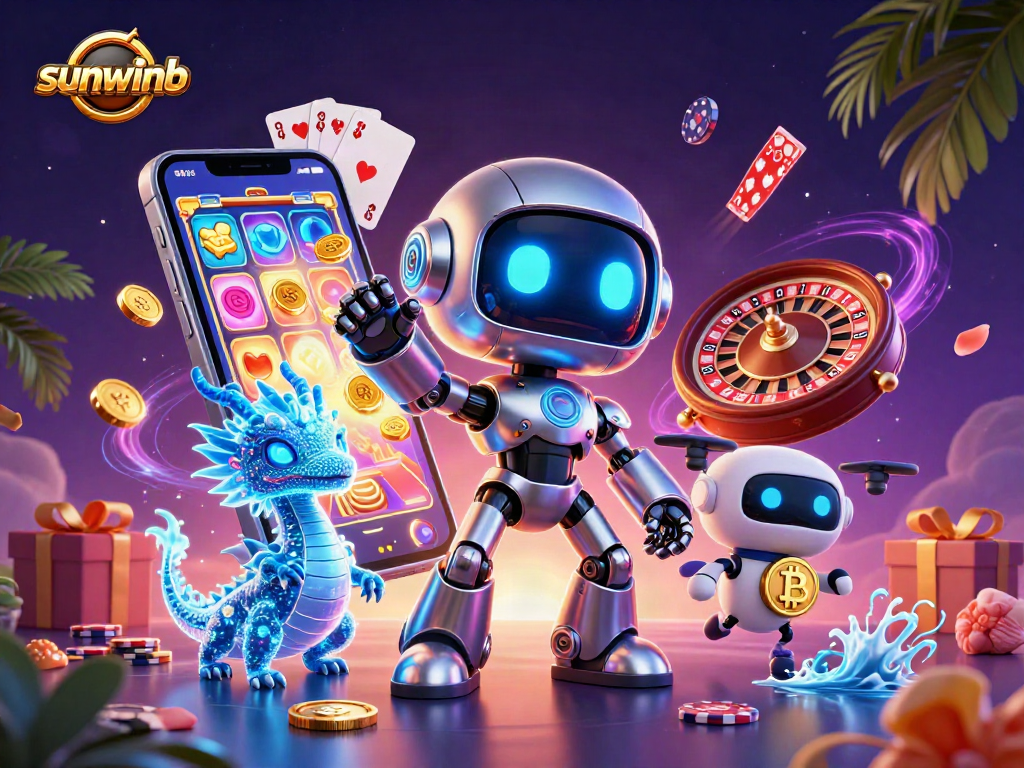 Experience thrilling action at sunwinb with a colorful slot game, robot mascot, and digital partners!