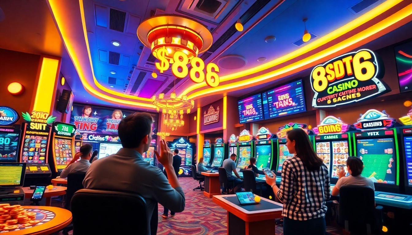 Engaging scene of players interacting with vibrant casino games at 888new, showcasing digital currency and an inviting atmosphere.
