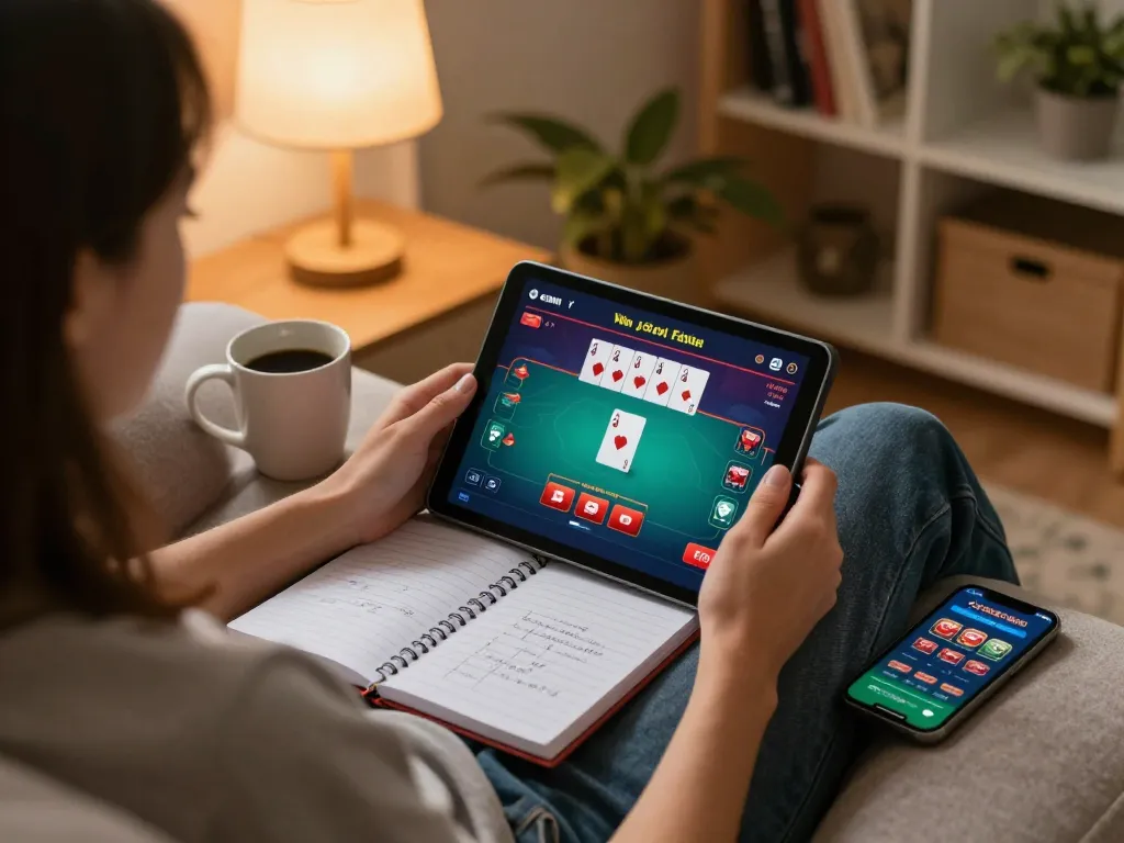 Enjoying a poker game while registering at Đăng ký 79king on a tablet, cozy home setting.