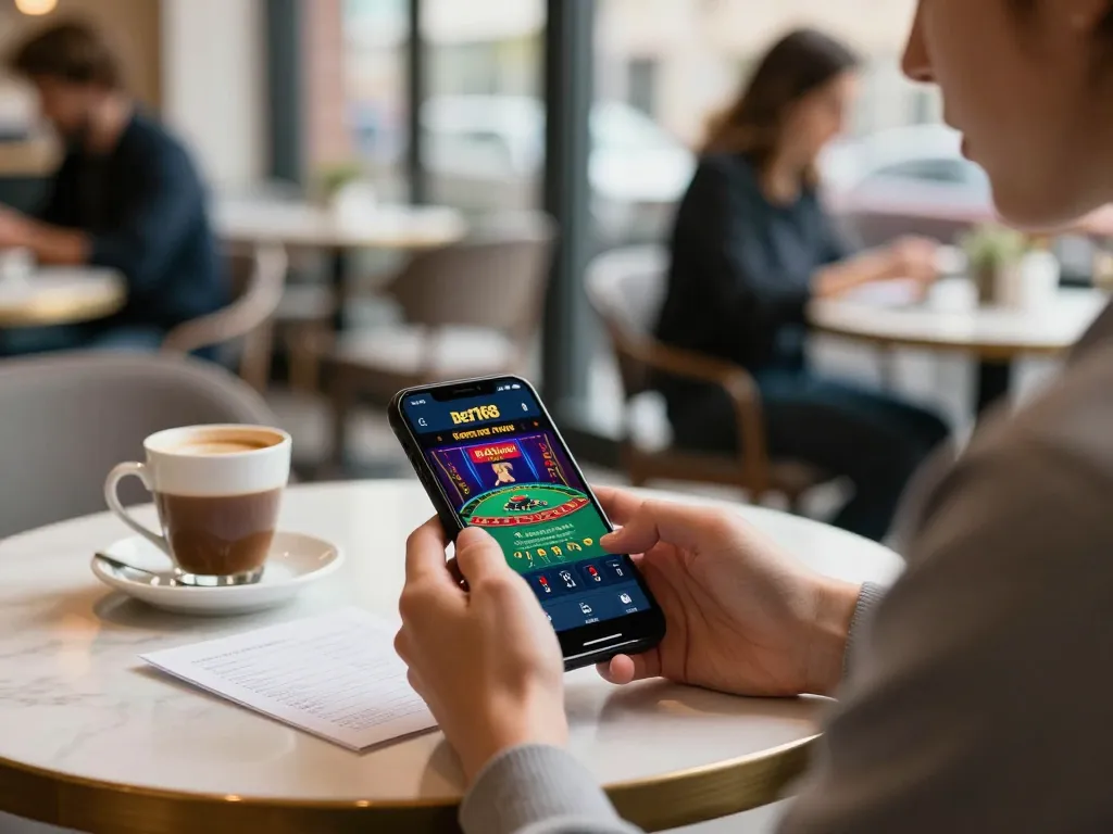 Engaging with bet168 casino app on smartphone in a modern café setting while enjoying fresh coffee