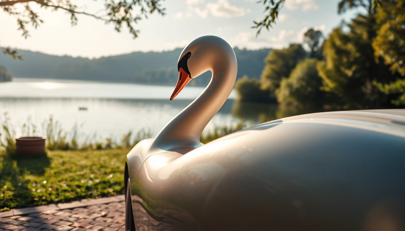 Admire the elegance of Swan Cars in a picturesque lakeside environment.