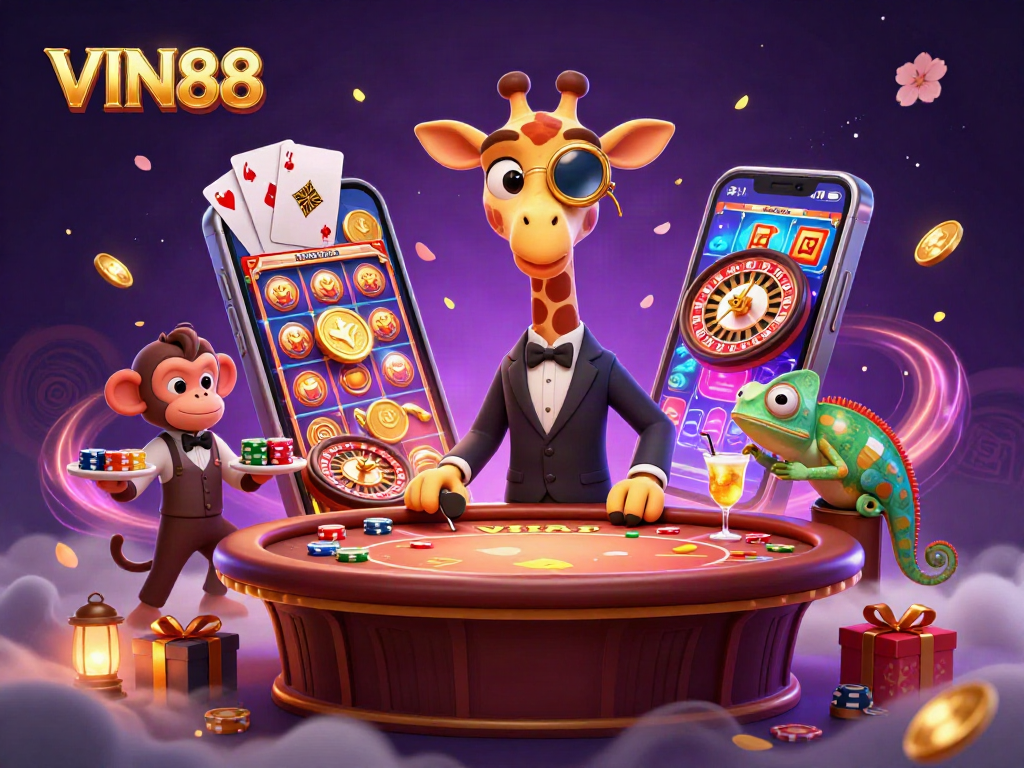 Engage in exciting gameplay with VIN88 featuring a high-roller giraffe and a vibrant casino atmosphere.
