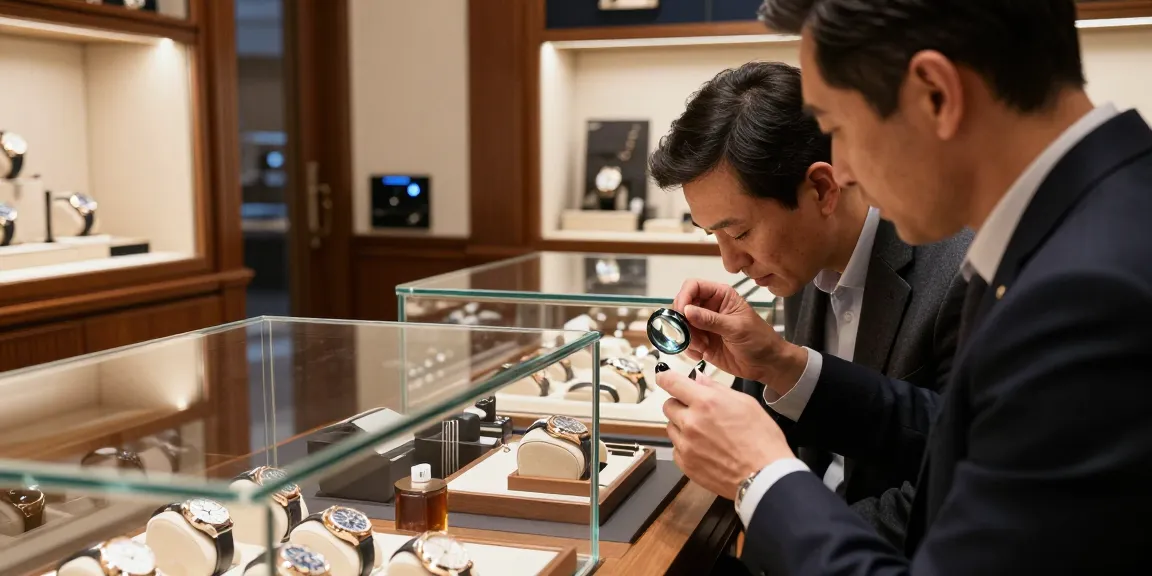 Expert examining super clone watches in a luxury shop, showcasing craftsmanship and quality.