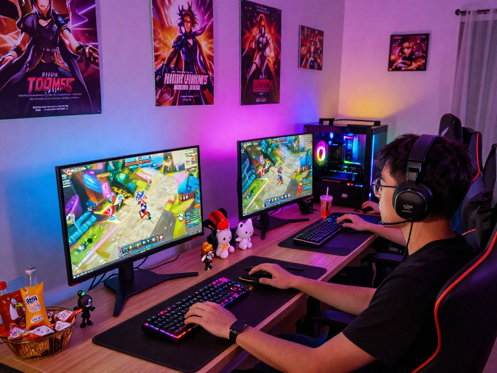 Engaging scene of a gamer enjoying a hentai game with vibrant RGB lighting and accessories.