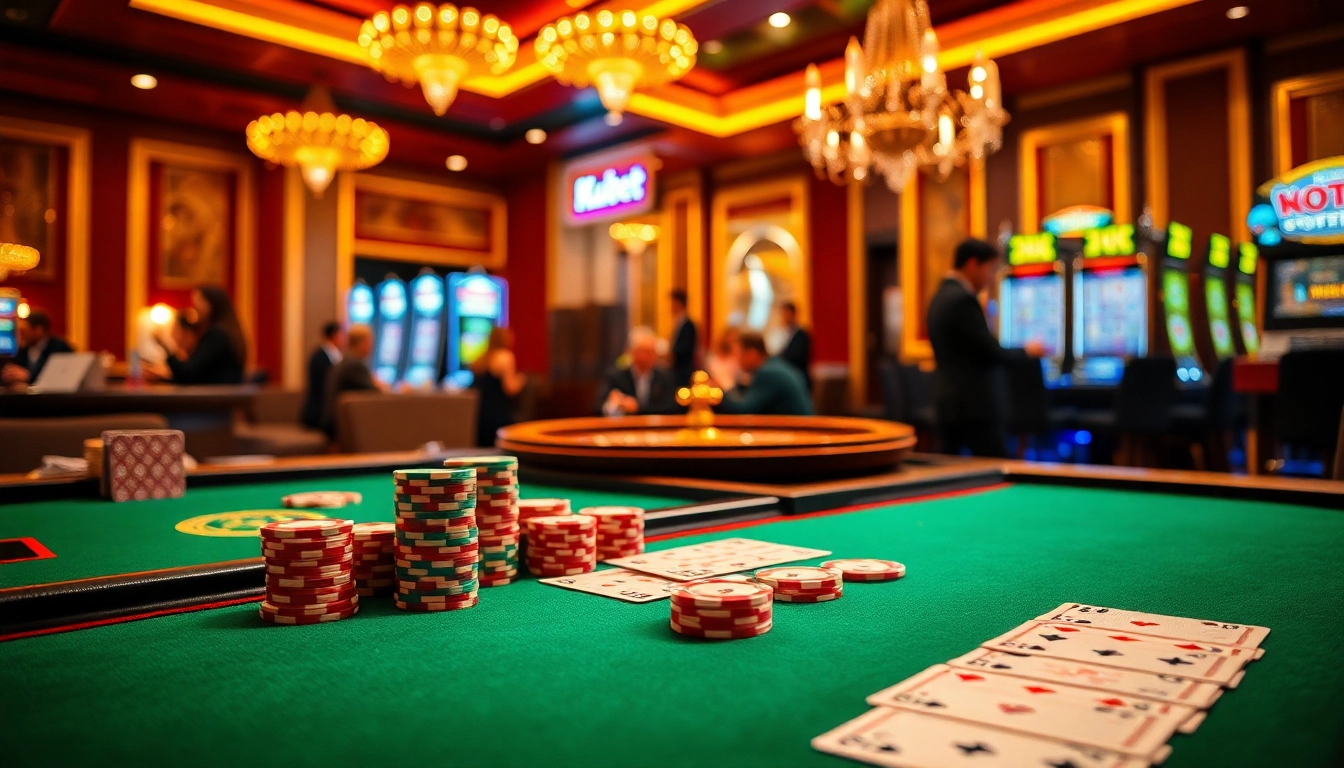 Kubet players engaging at vibrant casino tables, showcasing poker cards, chips, and exciting roulette.