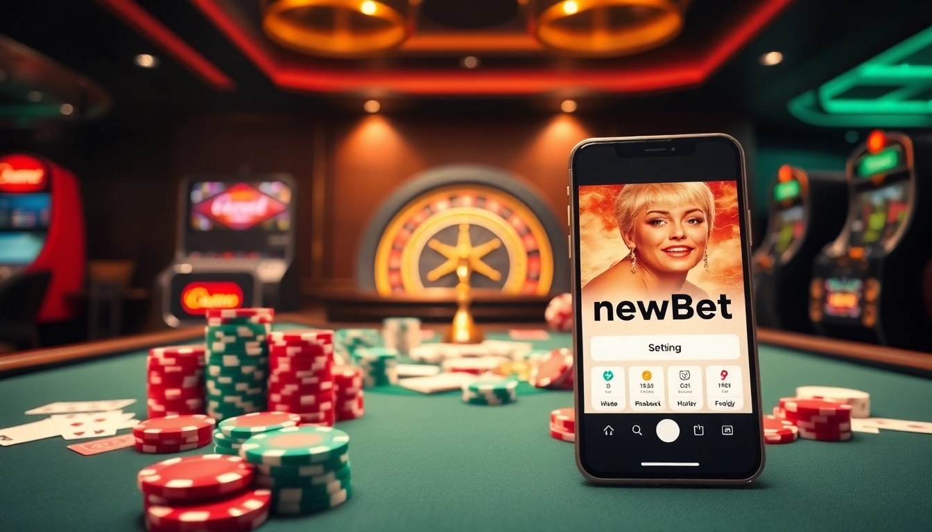 Engaging scene of casino gaming with new88bet app displayed on smartphone, inviting high-stakes excitement.