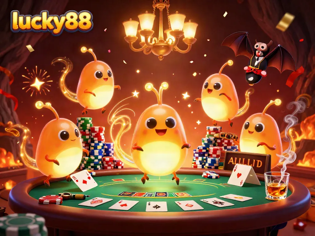 Experience the excitement of lucky88 with animated glowworms lighting up a vibrant casino scene.