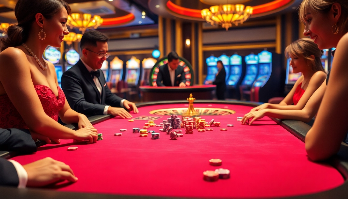 MMOO players enjoying an exciting poker game with colorful poker chips and a roulette wheel.