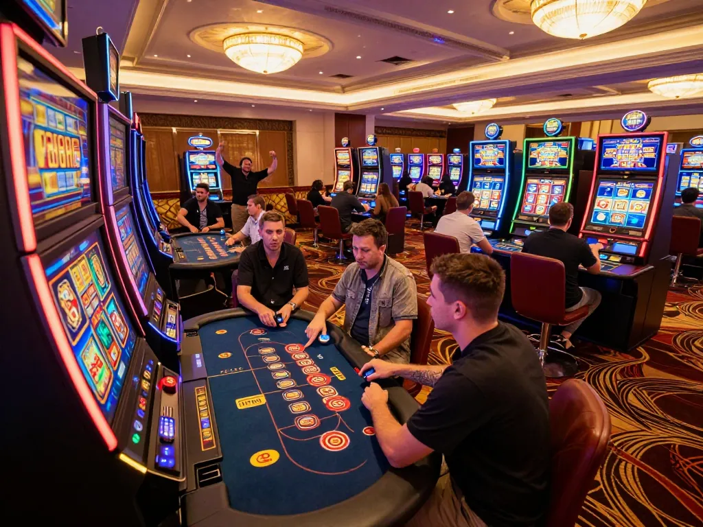 Players enjoying the thrill of LUCK8 at an upscale casino floor, celebrating wins at lively slot machines.