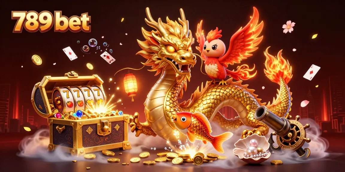 Experience the thrill of 789 bet with an ultra-detailed dragon, phoenix, and koi navigating slot games and riches.