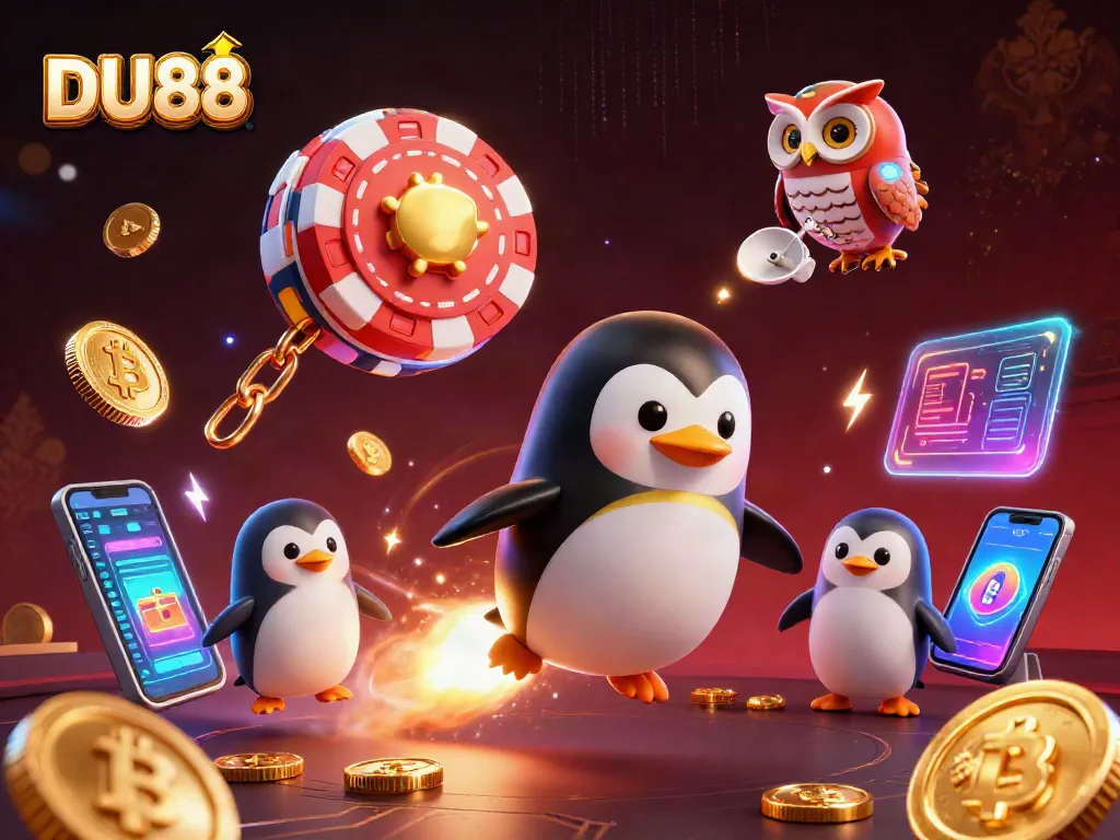 Experience the thrill of DU88 as a golden penguin blasts toward a poker chip-shaped casino.