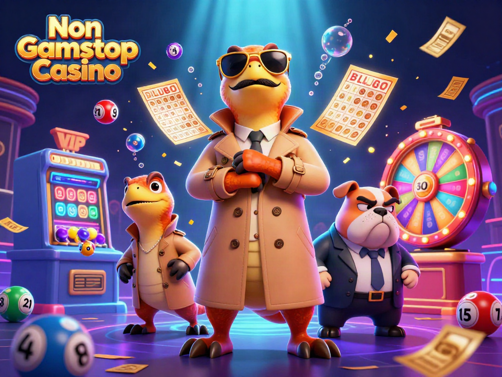 Experience the excitement of Non Gamstop Casino with cartoon raptors and vibrant casino elements.