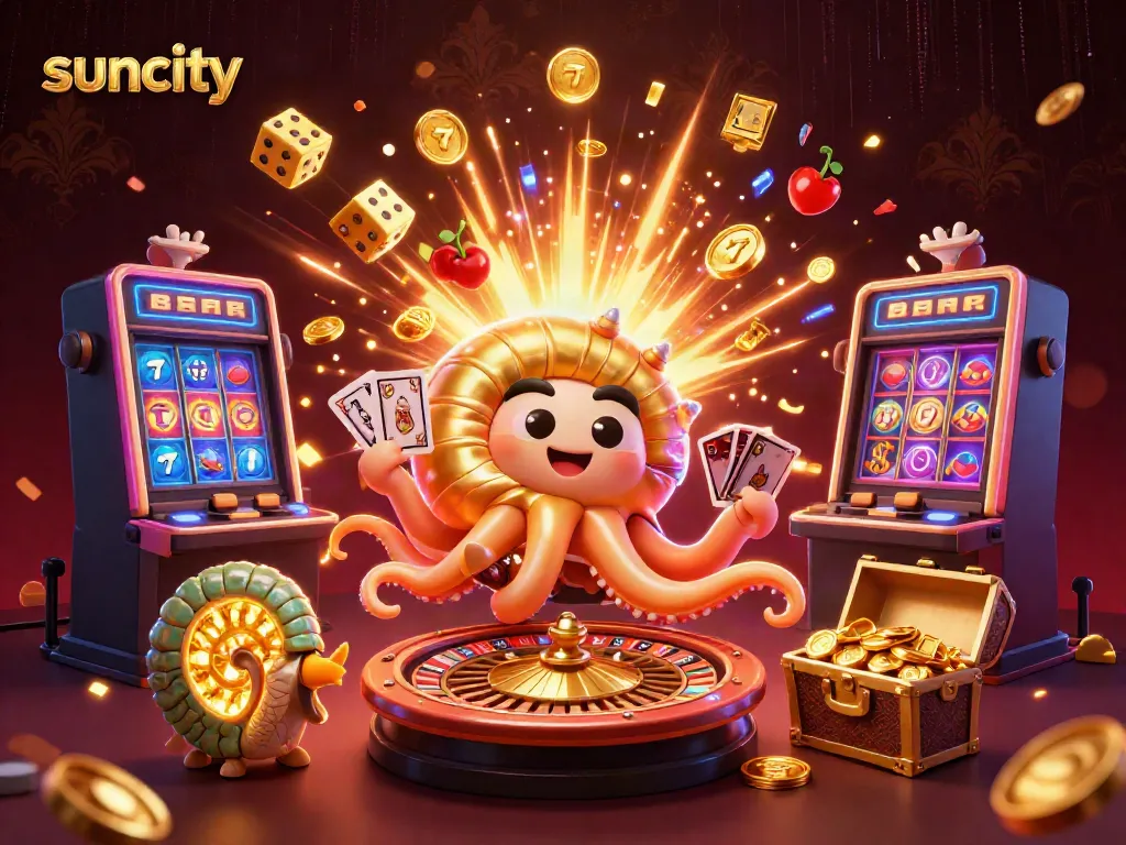 Experience the excitement of suncity with a 3D casino scene featuring a giant nautilus roulette wheel and glowing ammonite fossils.