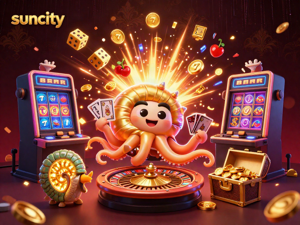 Experience the excitement of suncity with a 3D casino scene featuring a giant nautilus roulette wheel and glowing ammonite fossils.