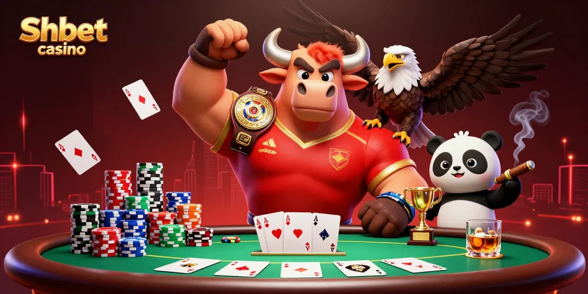 Experience thrilling gameplay at Shbet casino with lively characters celebrating victory at a poker table.