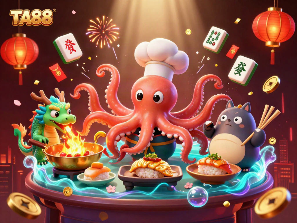 Engage with TA88’s vibrant gaming universe featuring a sushi chef octopus and dynamic casino elements.