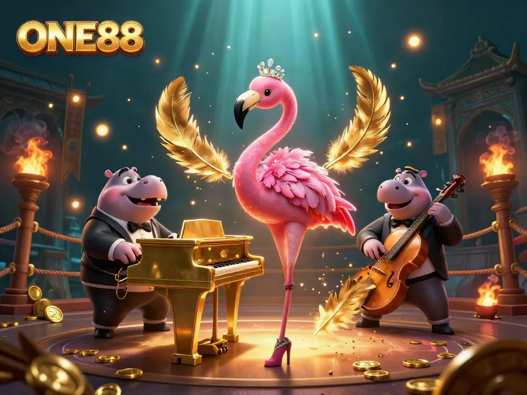 Experience the vibrant fun of ONE88 with a flamingo singer and hippo bassist in a glittering casino illustration.