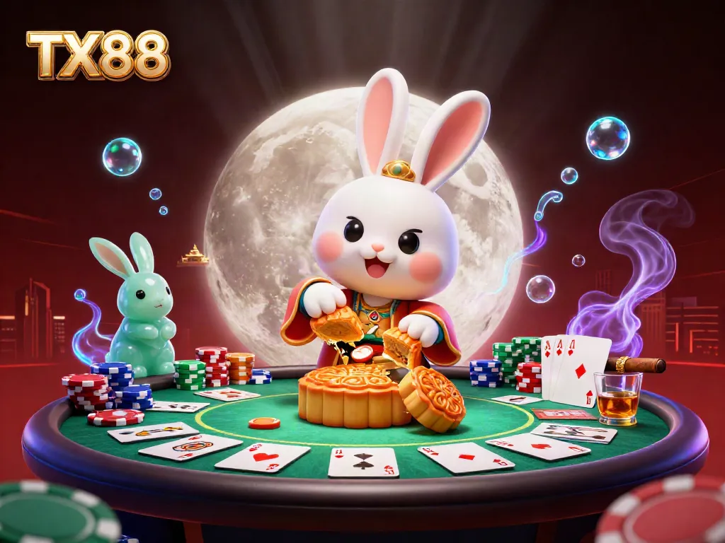 TX88 engages players in a vibrant casino scene where moon rabbits gamble amidst moonlit splendor.
