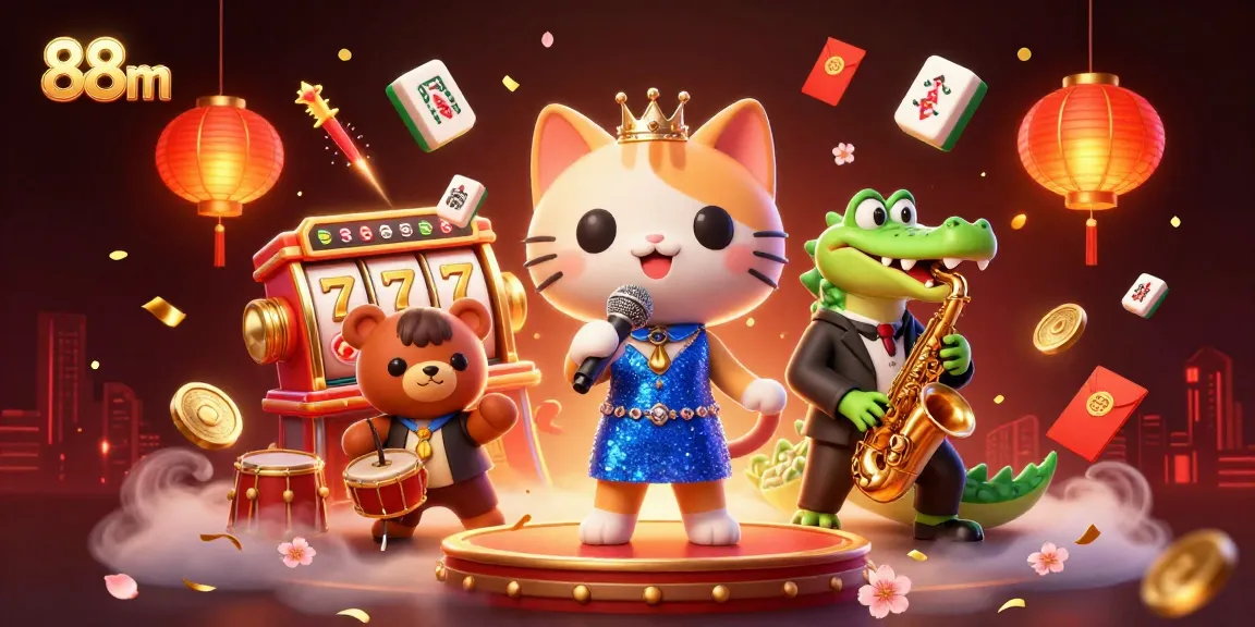 88m characters performing in a vibrant casino scene, showcasing dynamic games and joyful rewards