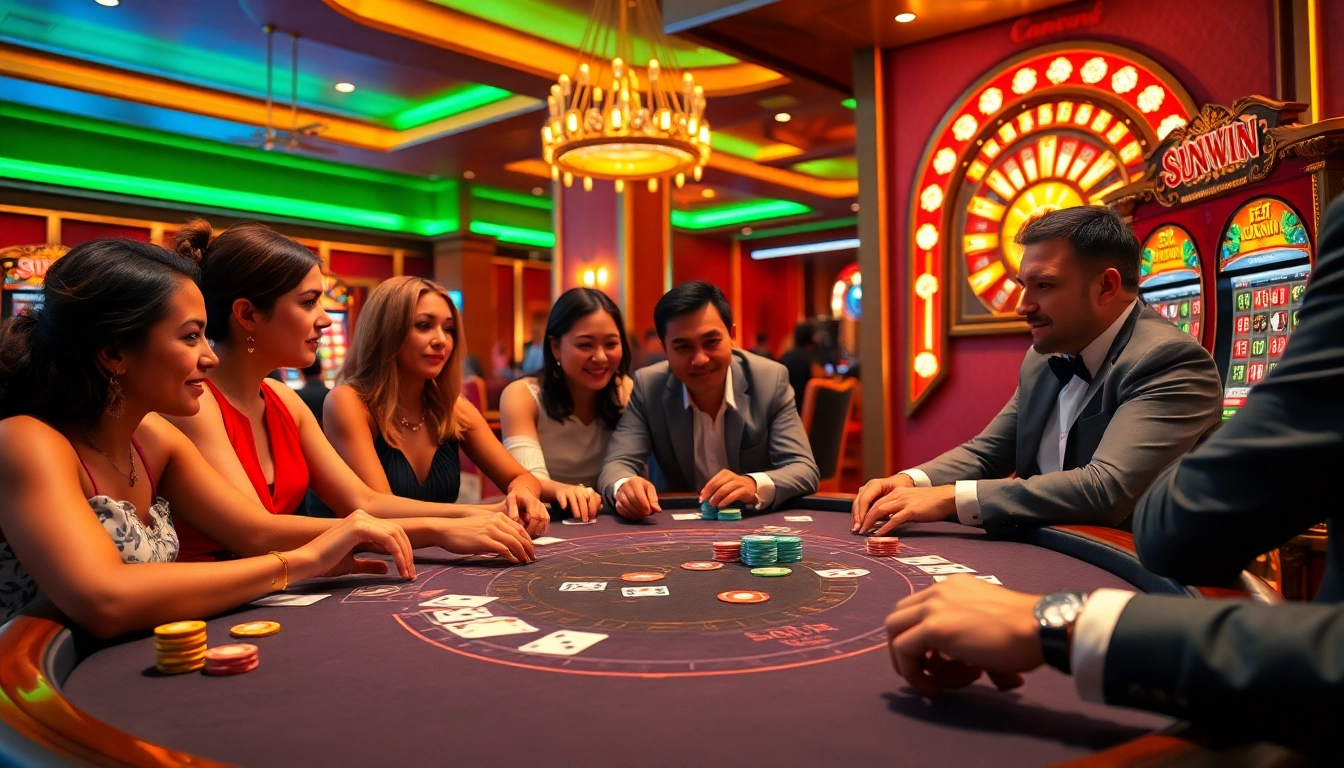 Experience excitement at Sunwin's casino with players, poker chips, and a vibrant atmosphere.