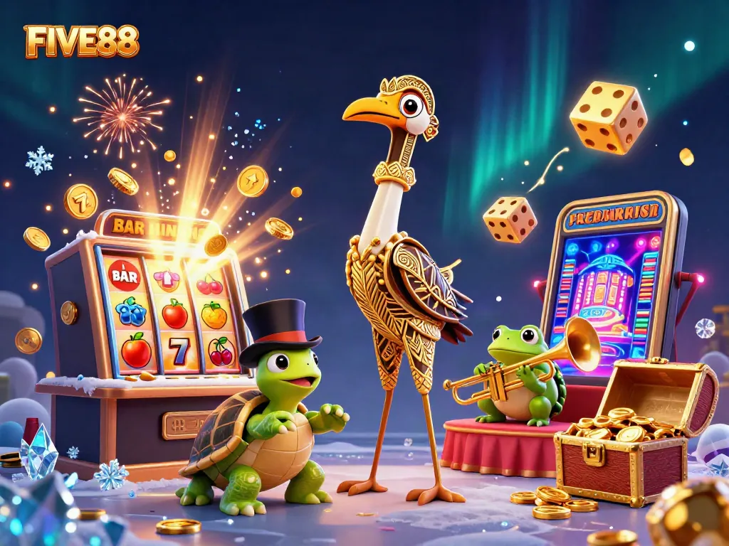 Experience the excitement of FIVE88 with a captivating 3D illustration of a casino-themed stage and dynamic game elements.