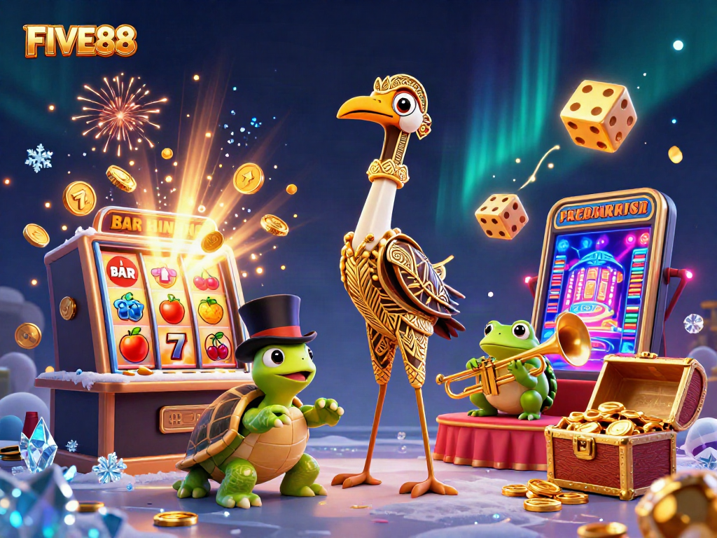 Experience the excitement of FIVE88 with a captivating 3D illustration of a casino-themed stage and dynamic game elements.