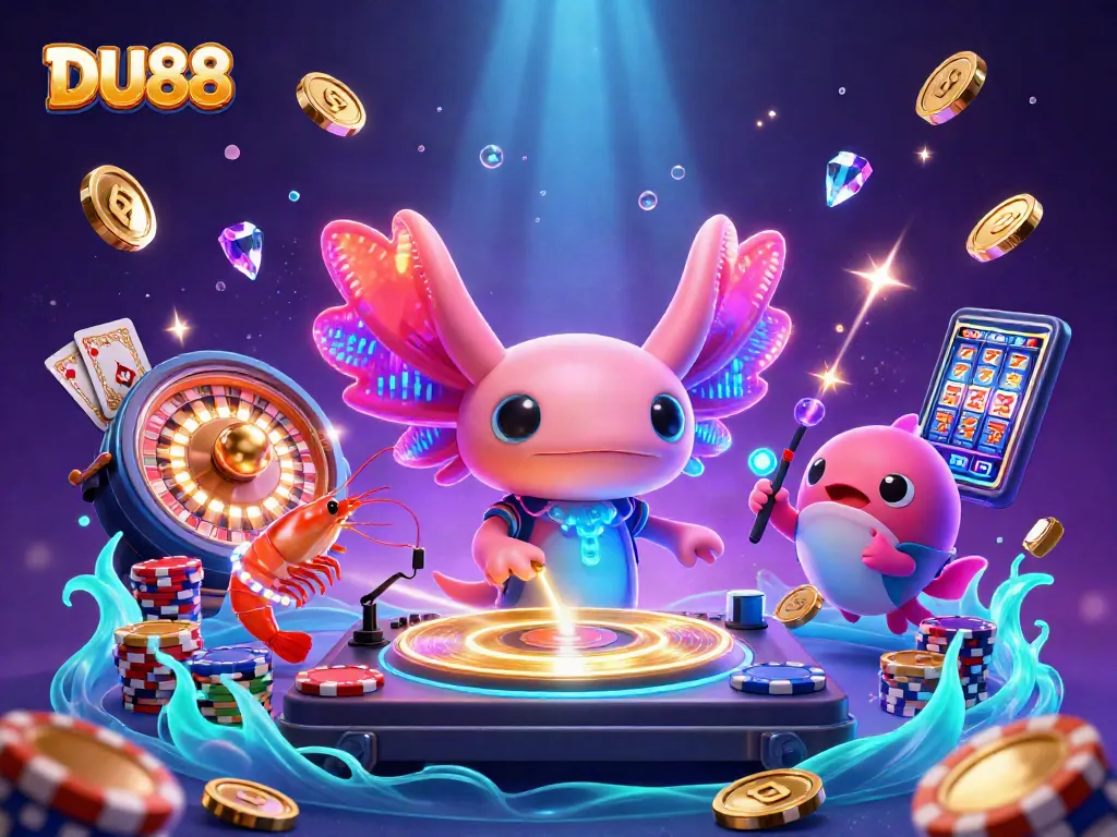 Experience immersive winning at DU88 with vibrant characters, golden coins, and casino elements in this lively illustration.