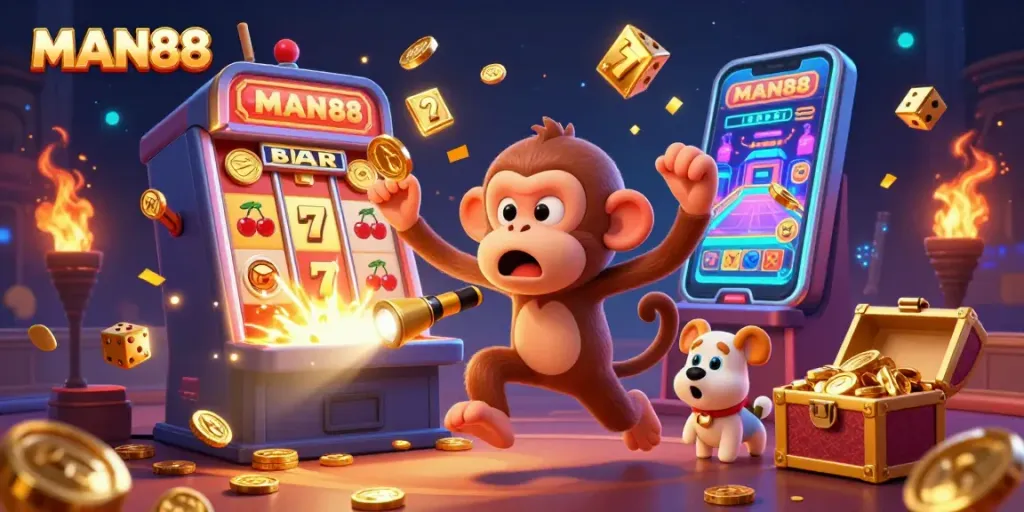Experience MAN88's thrilling jackpot with a playful poltergeist monkey and curious puppy in a vibrant casino.