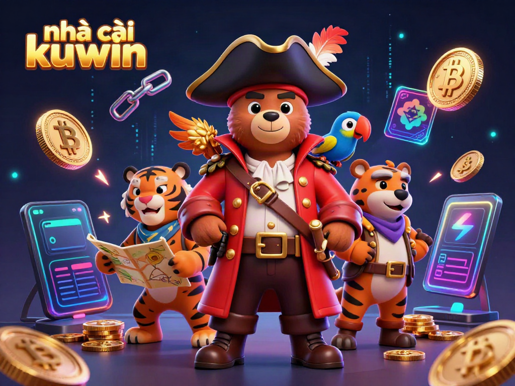 Engaging scene showcasing nhà cái kuwin elements with a pirate bear, tiger first mate, and glowing crypto coins in a rich casino atmosphere.