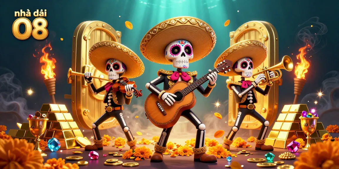 Experience the excitement at Nhà cái O8, featuring a vibrant casino scene with mariachi band and gold treasures.