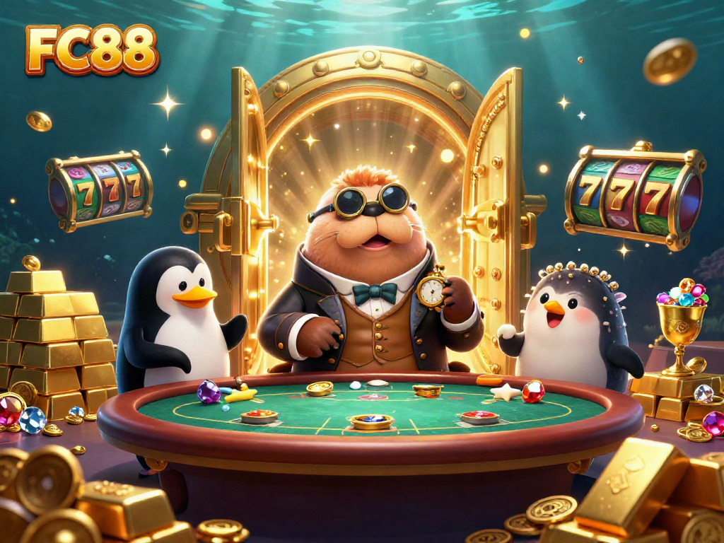 FC88 players enjoy gambling at an underwater poker table with vibrant treasures.