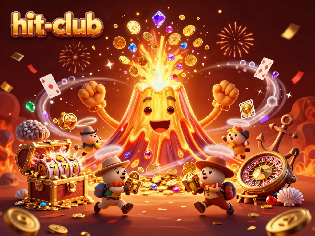 Experience winning excitement at hit-club with a vibrant casino-themed illustration packed with treasures and games.
