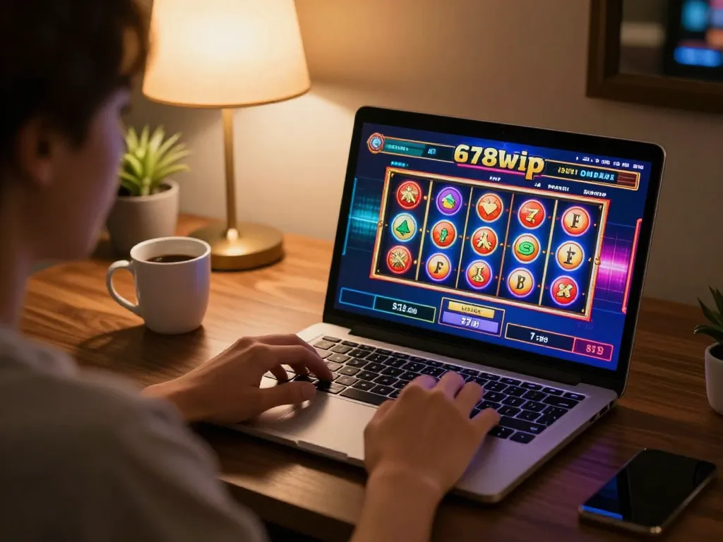 Engaged player enjoying interactive online gaming experience at 678vip, showcasing vibrant slot machine gameplay.