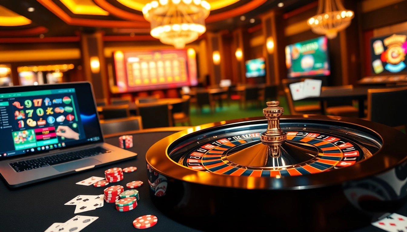Experience the thrill of betting at bet168 with a vibrant casino scene showcasing roulette, poker chips, and online gaming interfaces.